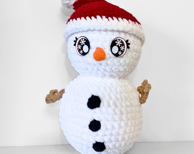 Adorable Crochet Snowman with Santa Hat & Glimmering Snowflake Eyes
