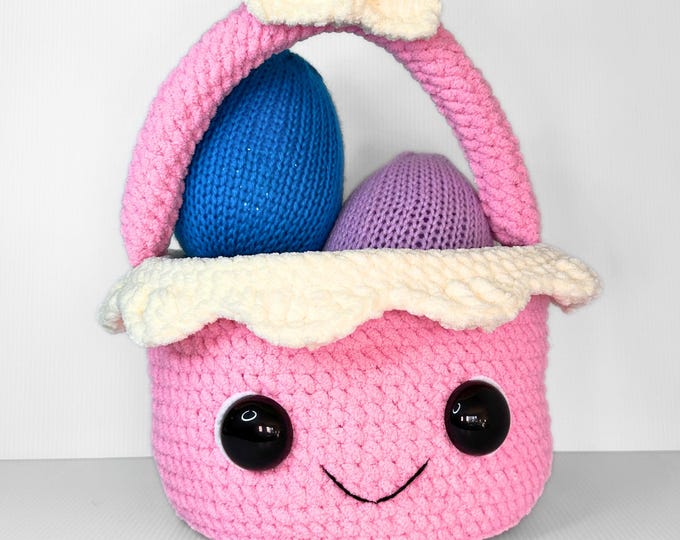 Handmade Crochet Pink and White Easter Basket – Cute Face, Full Size, Perfect for Easter Gifts