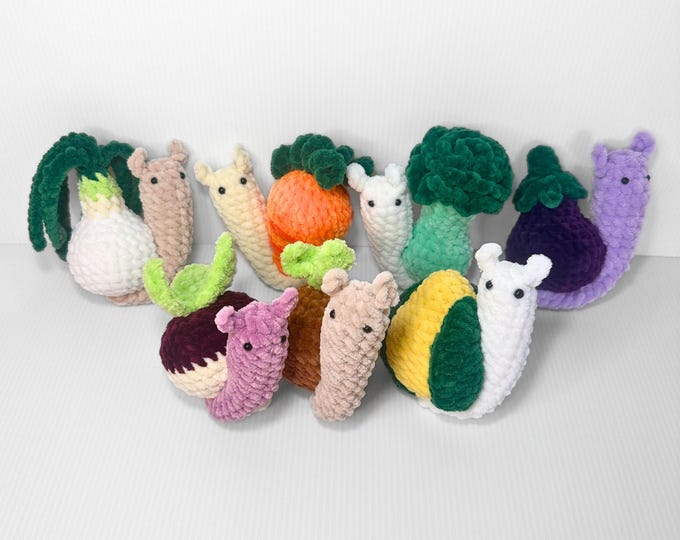 Cute Crochet Veggie Snail Plushie Set – Corn, Onion, Broccoli, Carrot, Potato, Turnip & Eggplant Snails – Adorable Vegetable Collection