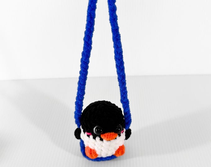 Mini Crochet Penguin on Swing - Quirky Desk Decoration or Car Mirror Charm