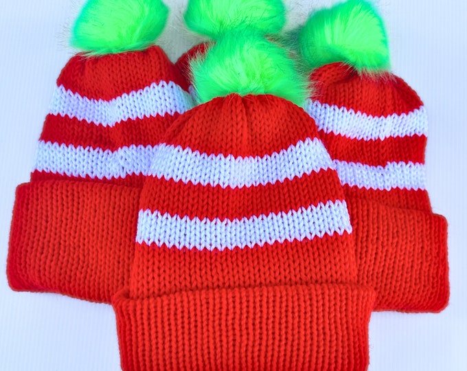 Festive Christmas Hat - Red and White Winter Beanie with Detachable Neon Green Pom-Pom