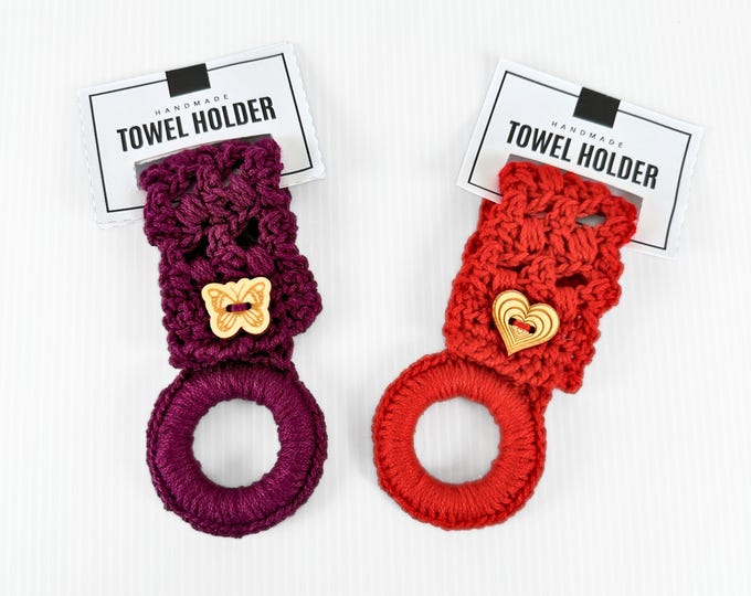 Handmade Crochet Towel Ring with Decorative Button - Cotton Tea Towel Topper for Kitchen and Bar Décor