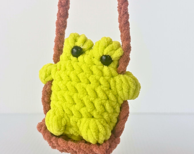 Handmade Crochet Frog on Swing - Rearview Mirror Ornament or Desk Decor