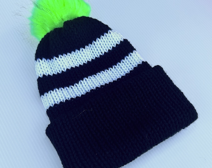 Gothic Black & White Winter Hat: Black and White Striped Winter Beanie with Removable Neon Green Pom-Pom