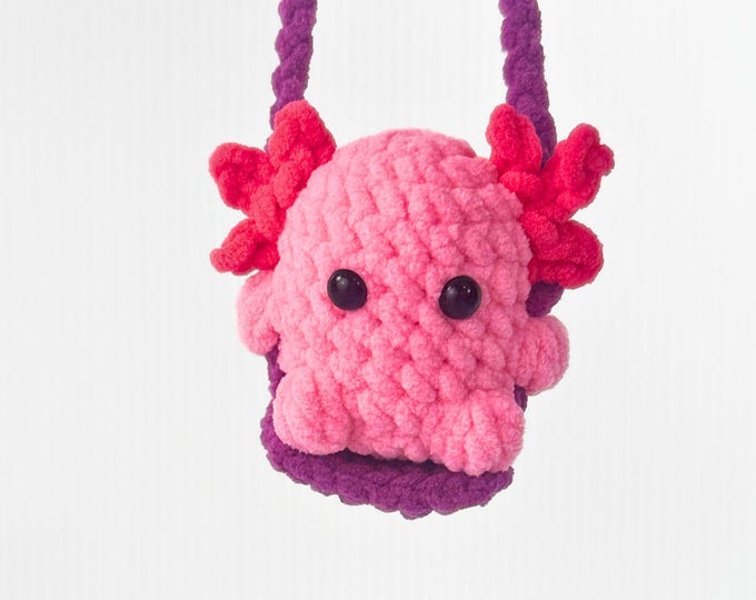 Handmade Crochet Axolotl on Swing - Rearview Mirror Ornament or Desk Decor
