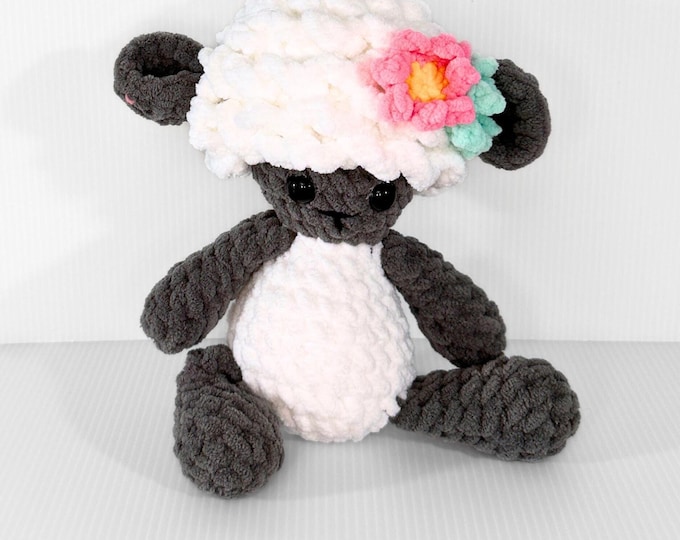Handmade White and Grey Crochet Lamb with Removable Flower Crown, Unique Gift