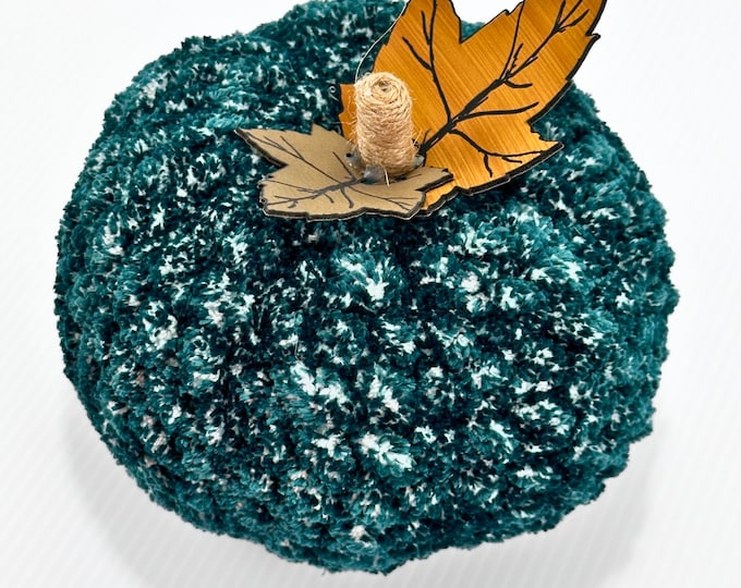 Cozy Crochet Pumpkin with Leather Leaf Tag and Tweed Stem - Stunning for Home Décor, Halloween, and Fall Festivities