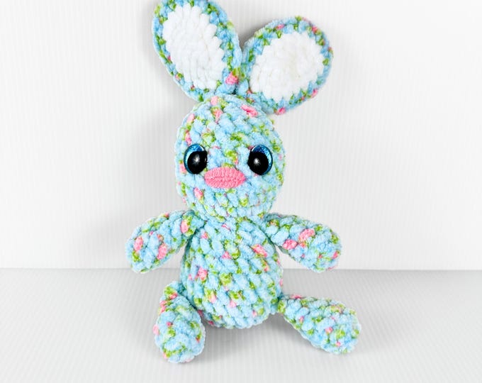 Handmade Mini Crochet Easter Bunny with Variegated Blue, Pink, and White Pattern - Spring Decor and Easter Basket Gift