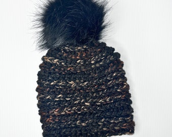 Crochet Beanie with Faux Fur Pom: Acrylic Wool Blend Winter Hat