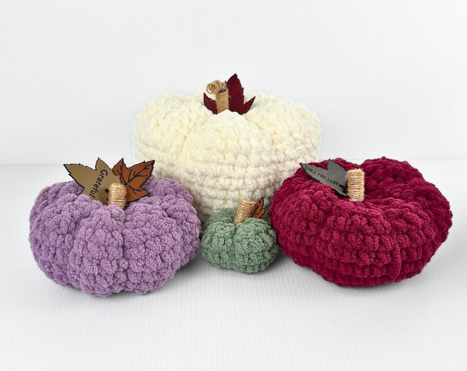 Cozy Crochet Pumpkin with Leather Leaf Tag and Tweed Stem - Stunning for Home Décor, Halloween, and Fall Festivities