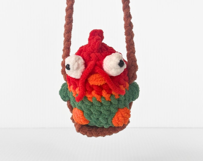 Handmade Crochet Rooster on Swing - Rearview Mirror Ornament or Desk Decor