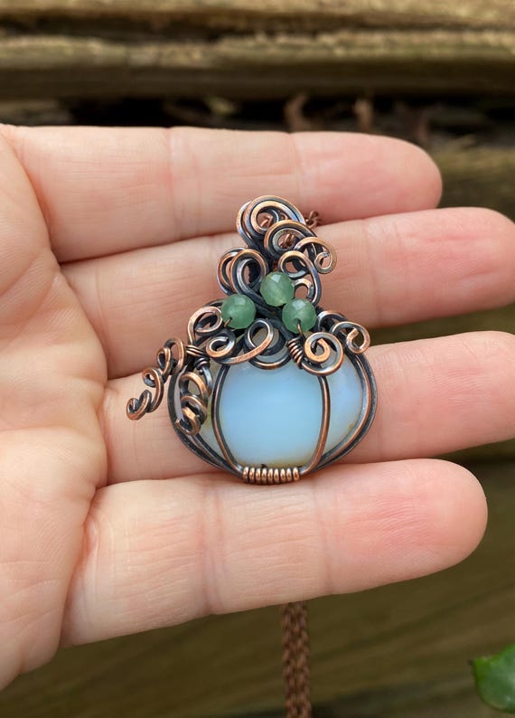 Copper Pumpkin Pendant Necklace, Opalite Glass,  Solid Copper Wrapped Wire, Antique Patina, Faceted Green Aventurine Beads, Lovely Gift