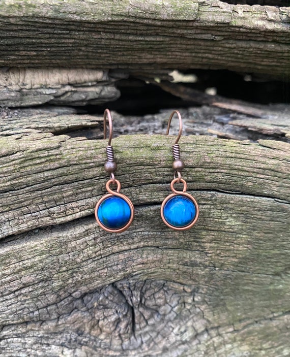 Blue Tiger's Eye, Dainty Dangle Earrings, Handmade Copper Wire Earrings, Small Drop Earrings, Wire Wrap Gemstone Earrings, So Cute!