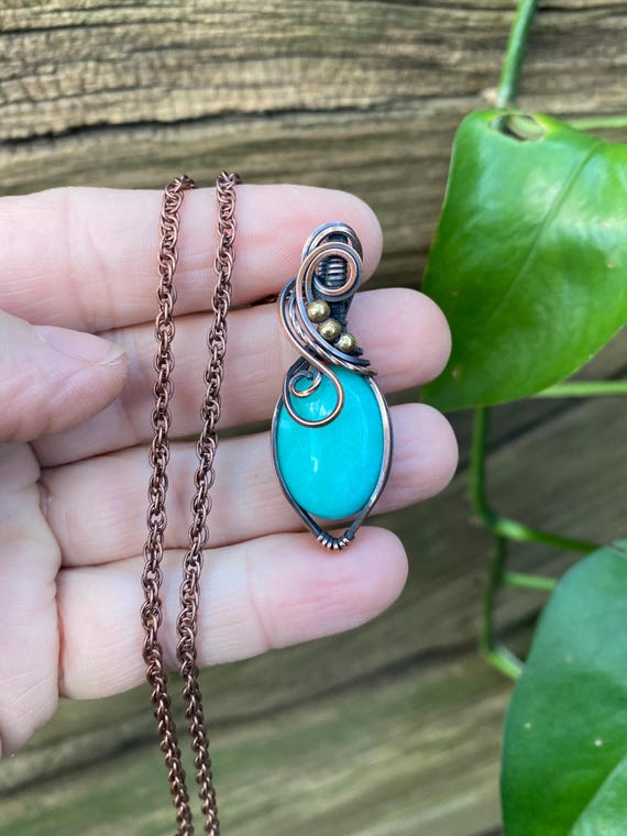 Beautiful Amazonite Stone Necklace, Hand Wrapped Solid Copper, Oxidized Hand Polished, Antique Patina, Heart Chakra, Lucky Stone!