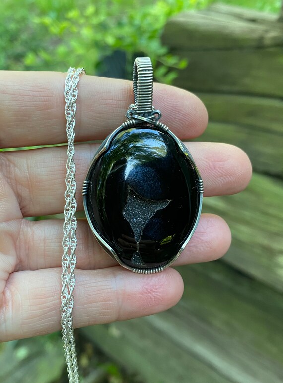 Black Onyx Sparkling Druzy Quartz, Solid 925 Sterling Silver, Hand Wrapped Protection Amulet, Pendant Necklace, Aged Patina, Healing Energy!