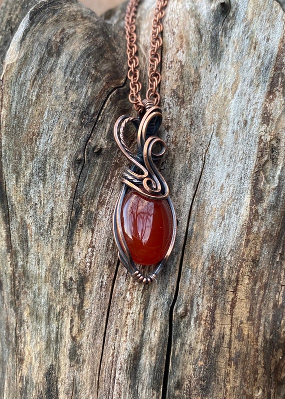 Lovely Orange Cornelian, Copper Wrapped Pendant, Oxidized Hand Polished Patina, Cornelian Gemstone Necklace, Healing Stone, Chakra Necklace