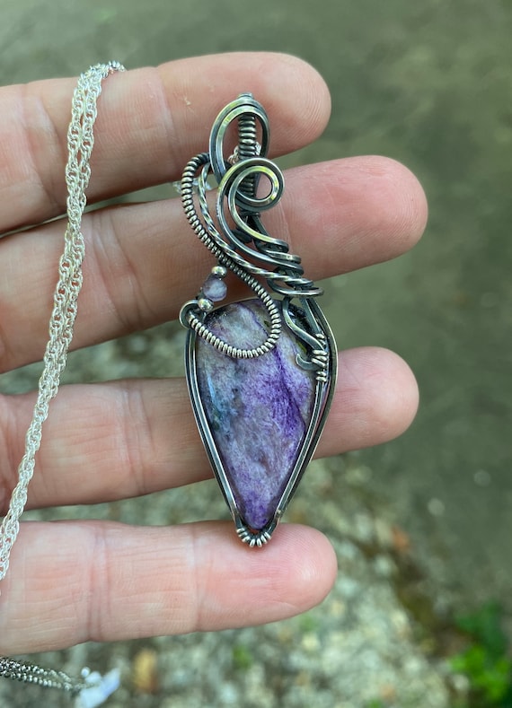 Lovely Purple Charoite Stone, Solid 925 Sterling Silver, Hand Wrapped Pendant Necklace, Aged Patina, Metaphysical Jewelry, Elegant Design