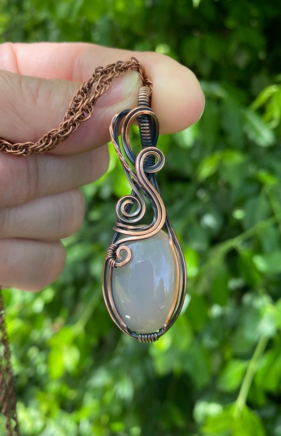Cloudy Quartz Copper Pendant Necklace, Oxidized Hand Polished Patina, Elegant Artistic Swirl Design, Gray Quartz Stone Necklace, Lovely!