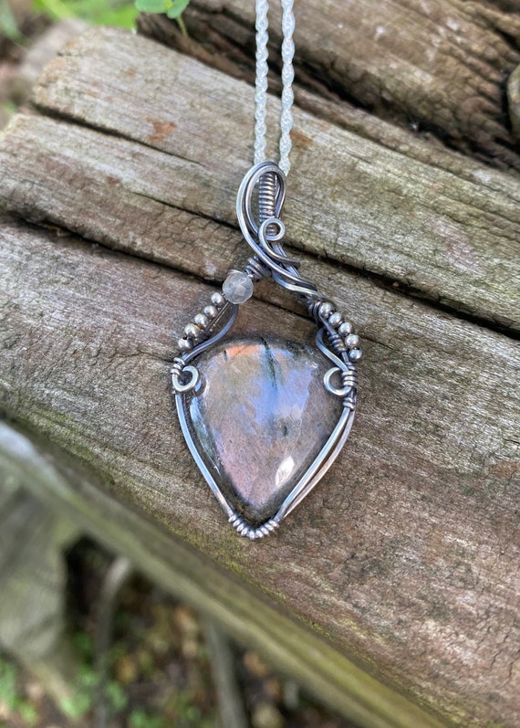 Pink Champagne Flash Labradorite, Sterling Silver Pendant Necklace, Solid 925 Sterling Silver, Antique Patina, Healing Jewelry, Wire Wrap