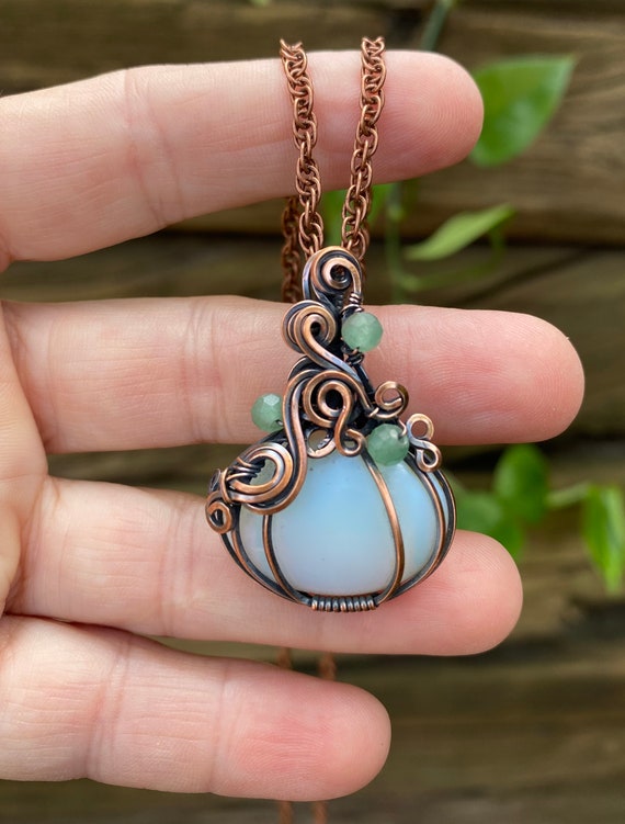 Copper Pumpkin Pendant Necklace, Opalite Glass,  Solid Copper Wrapped Wire, Antique Patina, Faceted Green Aventurine Beads, Lovely Gift
