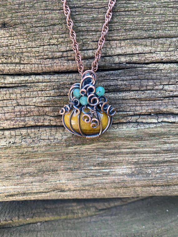 Copper Pumpkin Pendant Necklace, Tigers Eye, Stone for Good Luck, Solid Copper Wire Wrapped, Antique Patina, Faceted Green Aventurine Beads,