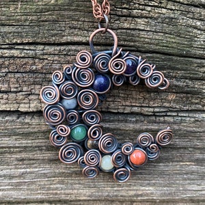 Mystical 7 Chakras Copper Crescent Moon Pendant, Amethyst, Lapis, Sodalite, Aventurine, Tigers Eye, Jade, Jasper,  Metaphysical Necklace
