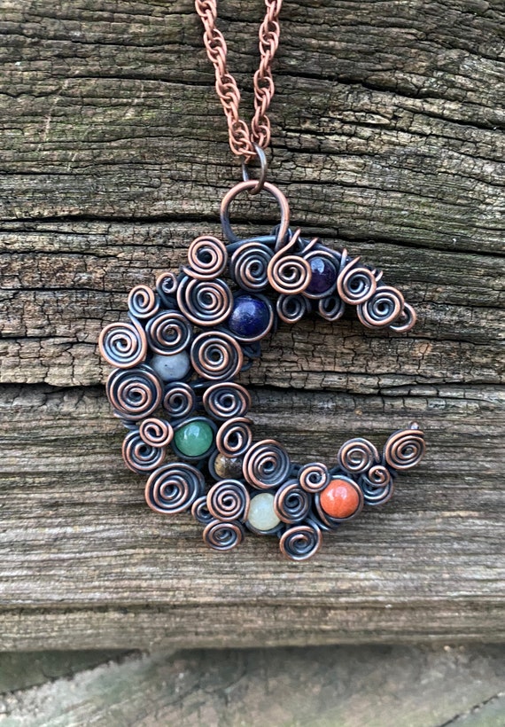 Mystical 7 Chakras Copper Crescent Moon Pendant, Amethyst, Lapis, Sodalite, Aventurine, Tigers Eye, Jade, Jasper,  Metaphysical Necklace