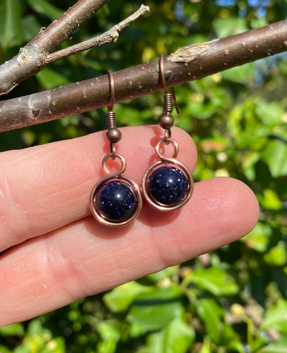 Dainty Dangle Earrings, Blue Goldstone Earrings, Sparkling Goldstone Earrings, Small Drop Earrings, Handmade Copper Wire Wrapped Earrings,
