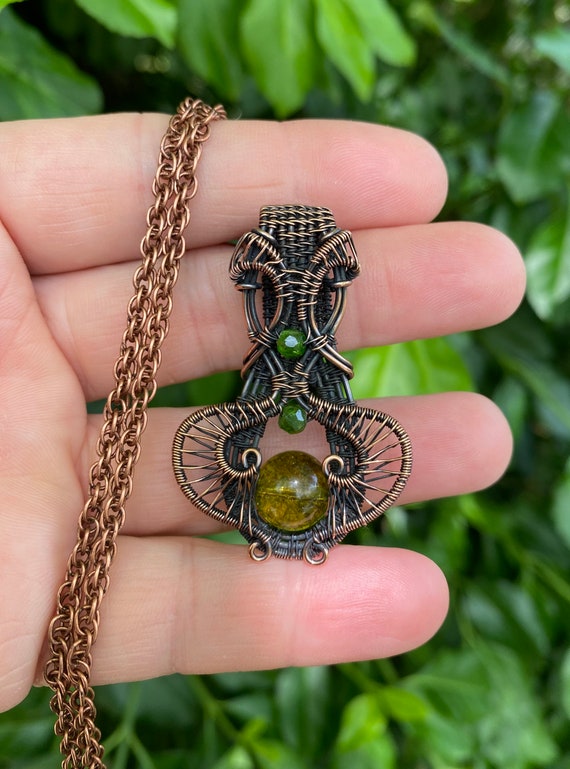 Elegant Peridot and Diopside Gemstone Pendant, Intricate Copper Woven Necklace, Oxidized Hand Polished, Antique Patina, Wire Wrapped Pendant