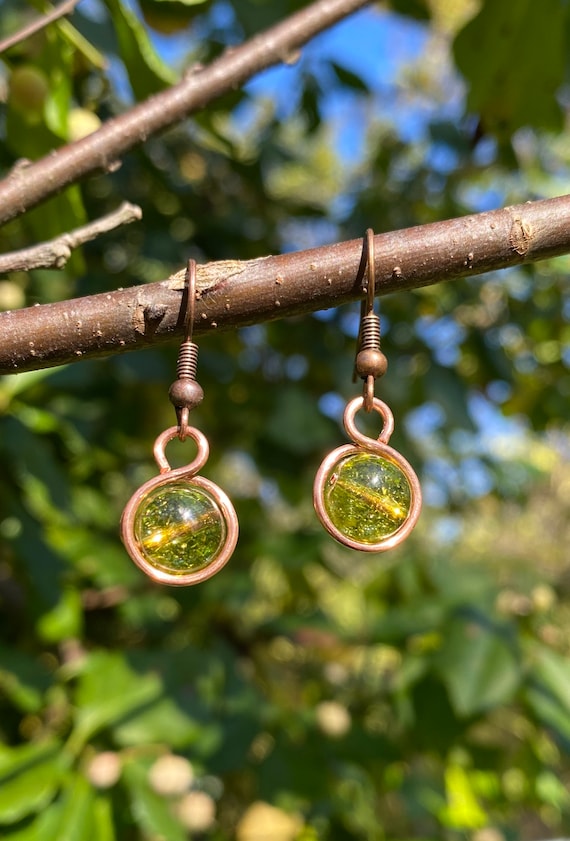 Peridot Dangle Drop Earrings, Copper Wire Wrap, Peridot Earrings, Handmade Wire Earrings, Dainty Drop Earrings, August Birthstone, So Cute!