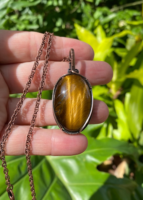Golden Tigers Eye Pendant, Copper Wire Wrapped, Antique Patina, Hand Polished, Unisex Design, Stone for Good Luck and Protection, Beautiful!
