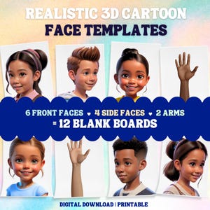 Leere Gesichtsvorlagen für Kinderschminken - Realistische 3D Cartoon Kinder (Gesamtpaket - 6 Vorderseiten + 4 Seitenflächen + 2 Arme)