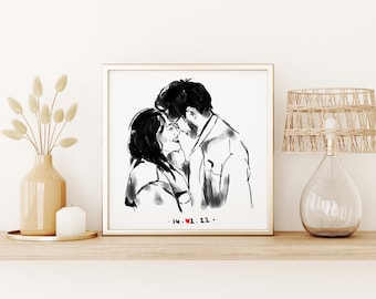 Portait Idée cadeau pour couple, noir et blanc façon encre