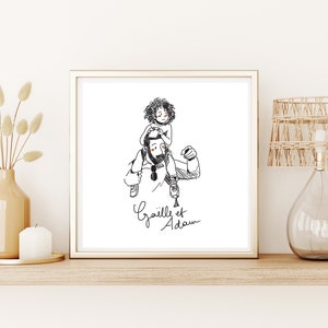 Portait famille cartoon noir et blanc avec prénom personnalisé