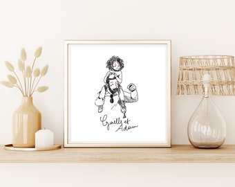 Portait famille cartoon noir et blanc avec prénom personnalisé