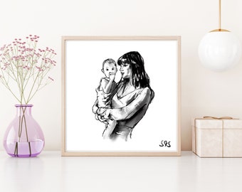 Portrait famille ou couple personnalisable style fusain noir et blanc