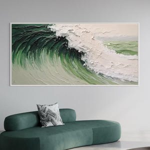 Soothing Green Ocean Canvas Wall Art Minimalist Coastal Decor Calming Green and White Waves Painting Green Tone Bedroom Wall Decor Gift