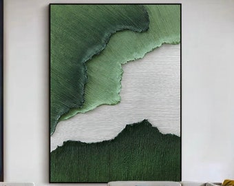 Original extra großes grünes Acrylgemälde mit dicker Textur, grün-weiße Wanddekorationskunst, handgemalte benutzerdefinierte personalisierte Malerei