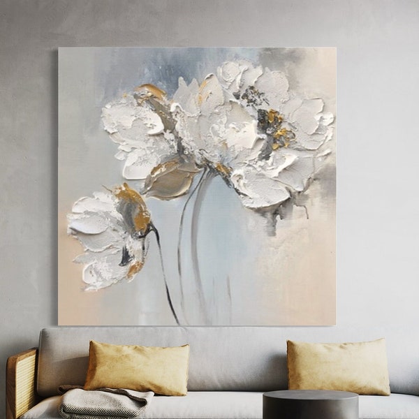 Original Abstract White Flowers Oversize Wall Art 3D Landscape Thick Texture Modern Abstract Art Extra Large Hand Painted Painting on Canvas
