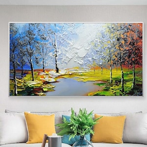 Paesaggio orizzontale lago arte contemporanea originale astratto extra large coltello tavolozza dipinto dipinto a mano trama spessa arte moderna da parete