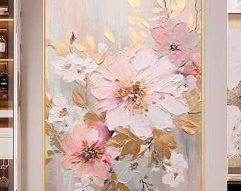Blooming Pink White Flowers Oil Art, Original Abstract Peach Blossom Painting, Large Size Vertical Painting, Perfect Spring Home Wall Decor