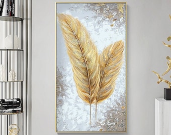Modern Silver with Gold Feathers Wall Art Original Abstract Extra Large Knife Palette Painting Hand Painted Thick Texture Modern Wall Art