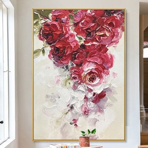 Thick Textured Red Roses Wall Art Original Abstract Extra Large Knife Palette Painting Hand Painted Thick Texture Modern Wall Art
