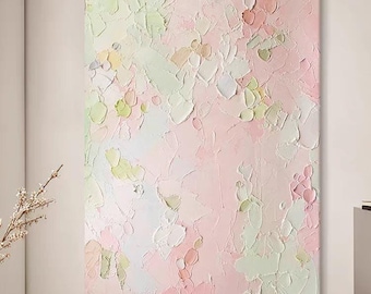 Spring Tone Wall Art Decor Abstract Pink Green Flowers Canvas Art Hand Painted 3D Texture Artwork Fresh Style Acrylic Painting Perfect Gift