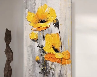 Originele aangepaste abstracte gele bloemen verticale kunst cadeau 3D dikke textuur moderne muur kunst decor, extra groot handgeschilderd schilderij op canvas