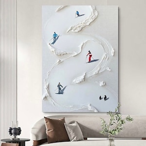 Snowy Skiing slope with skiers + penguins: Abstract, Vertical, original palette knife Painting; Oversized, Heavy Texture, modern Wall Art