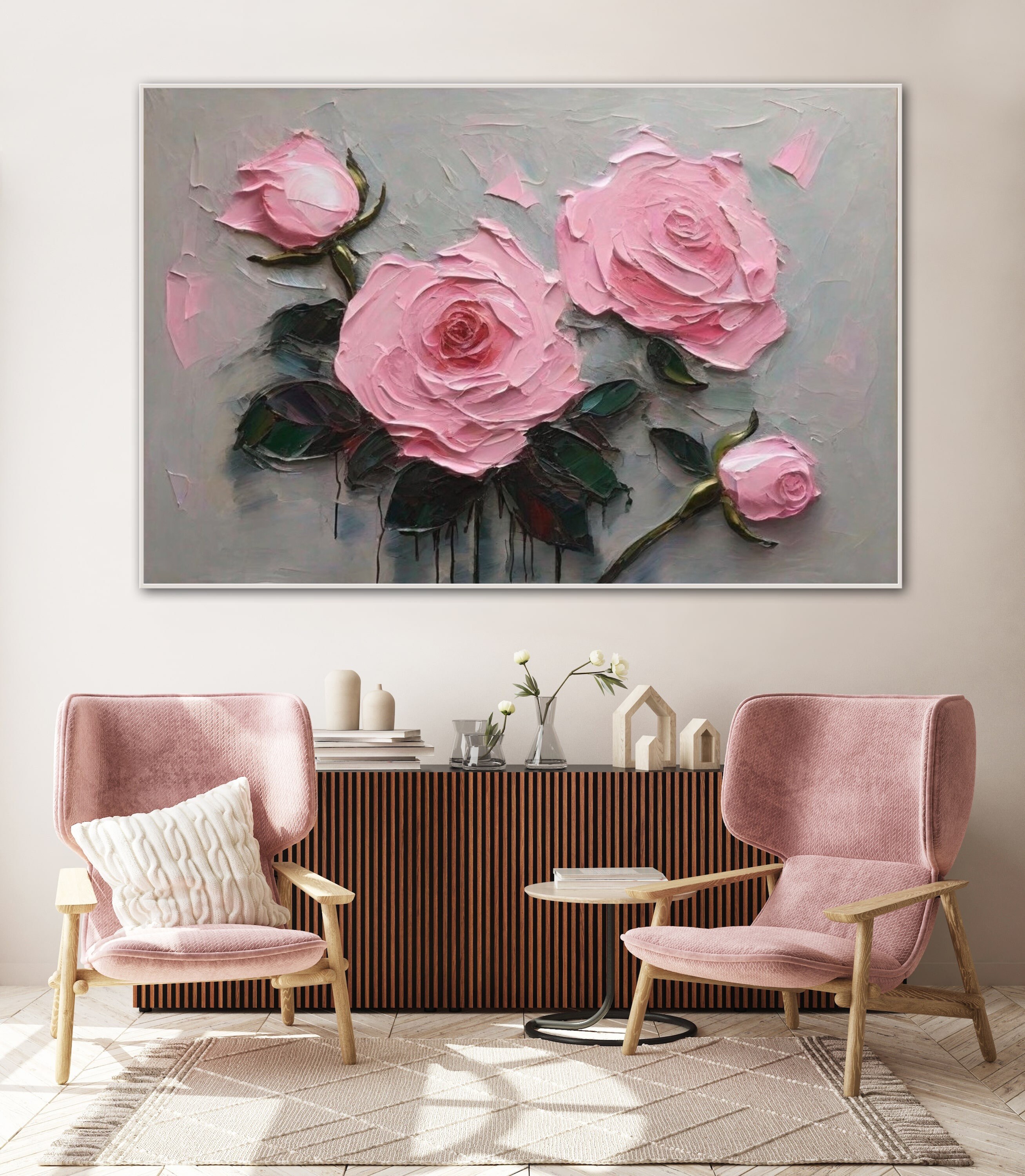 Pink Roses Flowers Wall Art Personalized Gift,3d Floral Modern Living ...
