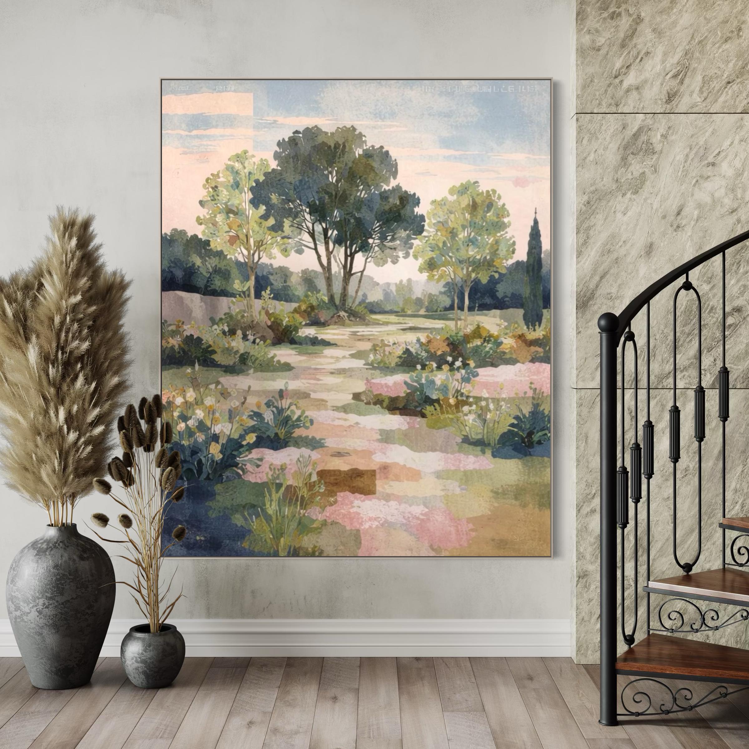 Garden Path Landscape Paining, Floral Nature Wall Art, Soft ...
