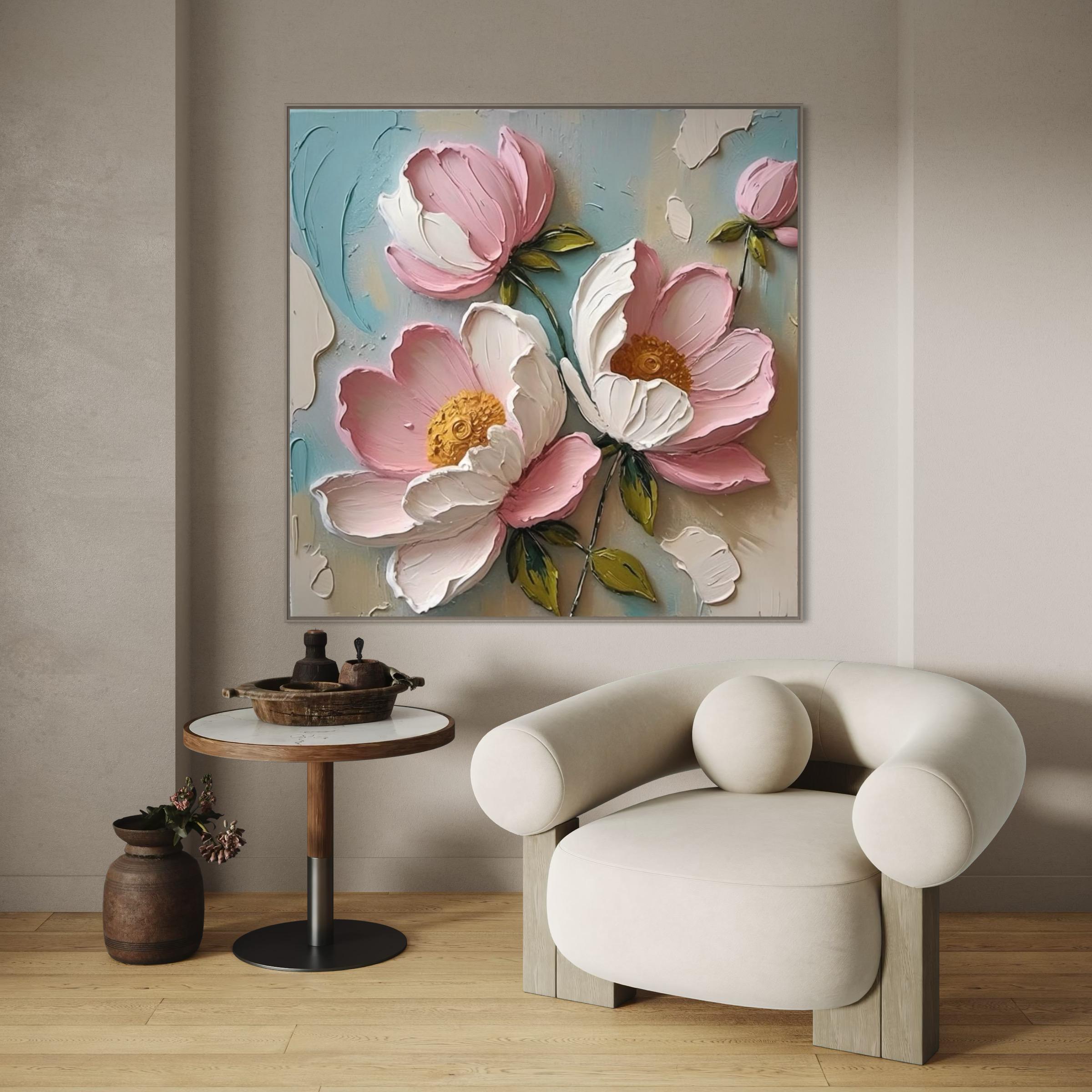 Pink White Peony Canvas Painting Thick Textured Floral Wall Art Elegant ...
