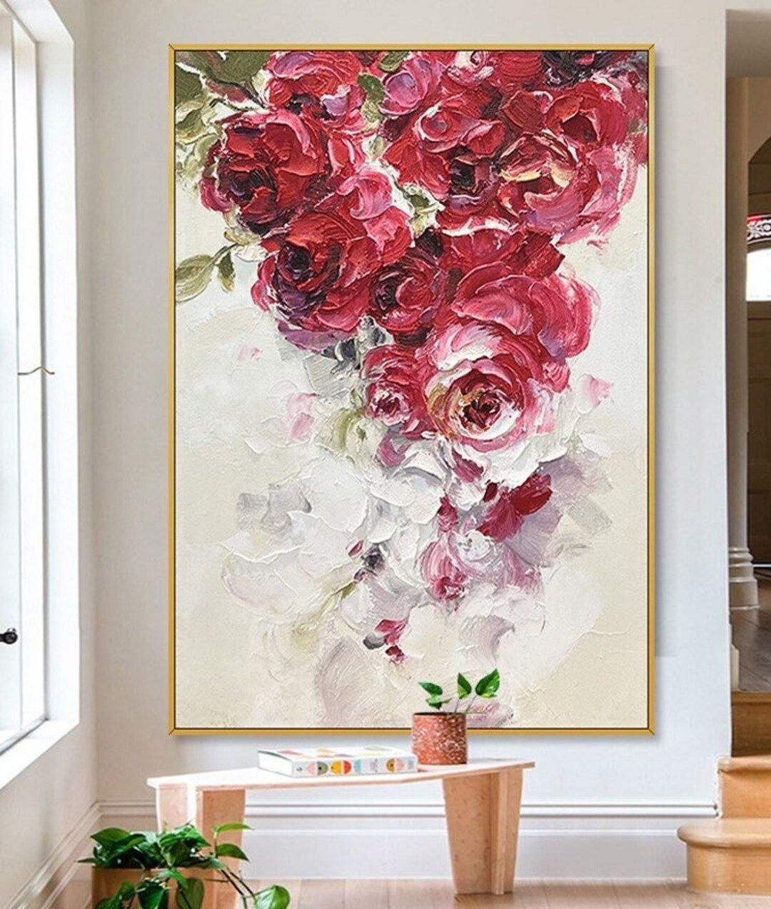 Thick Textured Red Roses Wall Art Original Abstract Extra Large Knife